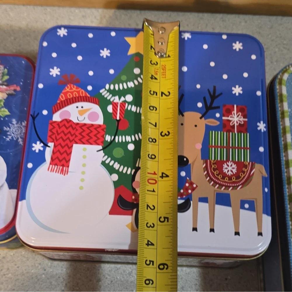 Set of 4 Christmas Snowman Tin Boxes, Rectangle, Square, Bell, Lids Included,